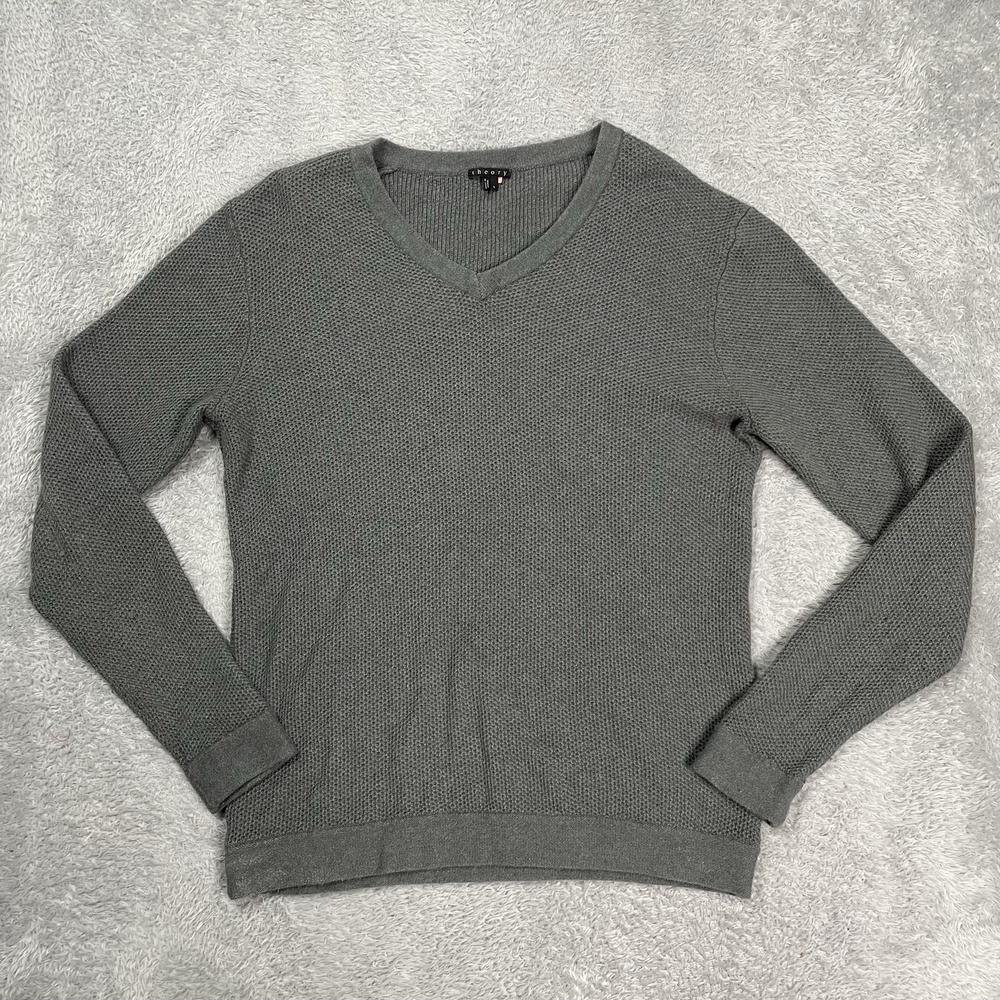 Theory Sweater Mens Large Gray V Neck Waffle Knit Wool Angora Blend Pullover